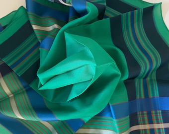 Vintage Silk Scarf in Green, Navy and Blue