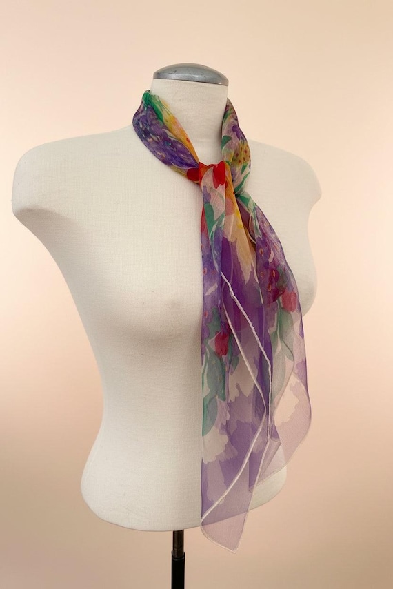 Vintage Sheer Silk Scarf: Floral Print, Purple Pink Botanical (28" Square)
