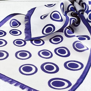 Vintage Silk Scarf with Fringe in Purple and White