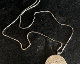 Vintage Silver Pendant and Chain Necklace Featuring Antique Kurus Coin with Arabic Script