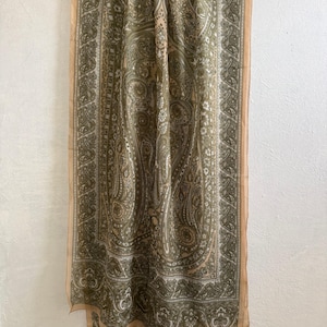 Vintage Paisley Scarf Long Olive Green Beige Fall Fashion Lightweight Boho Neck Scarf Women's Autumn Accessory