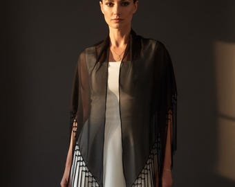 Vintage Black Sheer Fringe Shawl Elegant Evening Wrap Wedding Cover Up
