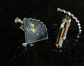 Amita Japanese Vintage Damascene Cufflinks, Mid Century Rectangle