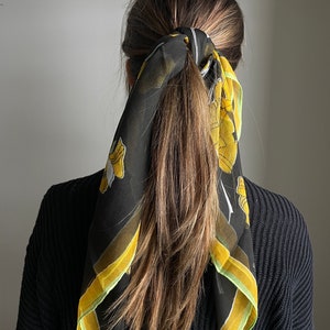 Vera Neumann Vintage Verasheer Silk Scarf Designer Square Yellow and Black with Ladybug Signature