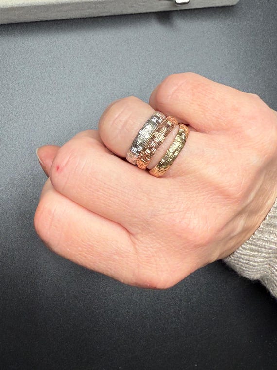 10K Gold Stacking Ring Set | Textured Geometric B… - image 3