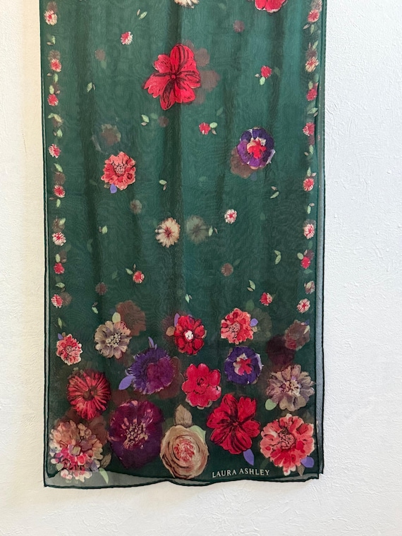 Vintage Laura Ashley Silk Scarf Jewel Tone Floral Green Designer Scarf