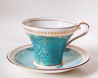 Vintage Aynsley Turquoise and Gold Bone China Cup and Saucer