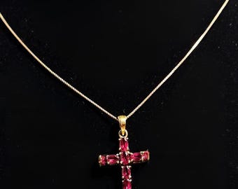 Gold Plated Cross Necklace: Pink Stone Sterling Silver Chain
