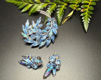 Sherman Schmuck-Set blau Aurora Borealis Strass Brosche Ohrringe Navette Vintage