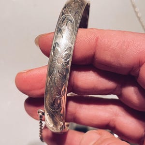 Vintage Etched Sterling Silver Bangle Bracelet with Safety Chain
