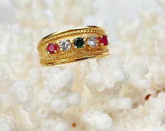 Vintage 10K Gold Multi-Stone Ring: Ruby, Emerald, Diamond Band – Retro Stacking Jewelry