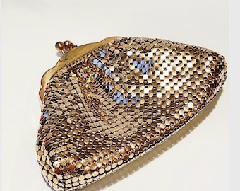 Vintage Gold Mesh Coin Purse Metal Chain Mail Kiss Lock Clutch Small Evening Bag Retro 1920s Style Made in Weste Germany