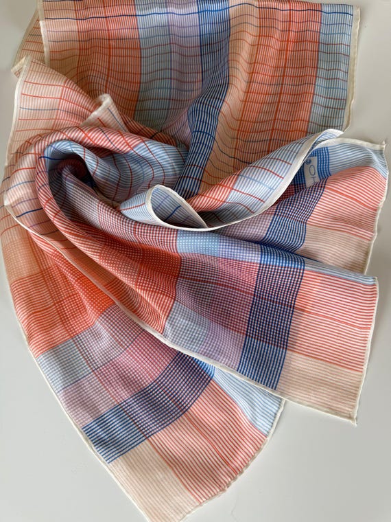 Vintage Echo Silk Scarf, Pastel Plaid Oblong Neck Scarf, Hand-Rolled Edges