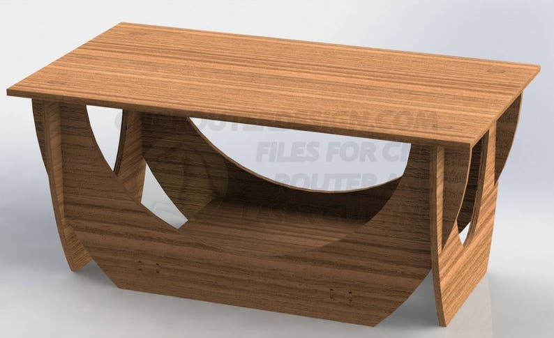 Pu&ograve; includere: Un tavolino da caff&egrave; in legno con piano rettangolare e intagli curvi sui lati. Il tavolo &egrave; realizzato in legno marrone chiaro e ha un design moderno. Il testo "FILES FOR CNC ROUTER" &egrave; visibile.