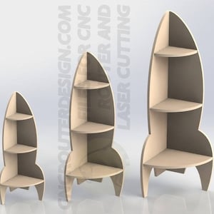 May include: Three wooden rocket-shaped corner shelves of varying sizes. Each shelf has a light brown finish and features multiple shelves for storage. The design includes a rounded top and three legs, with the text "CNC Router Design" visible.