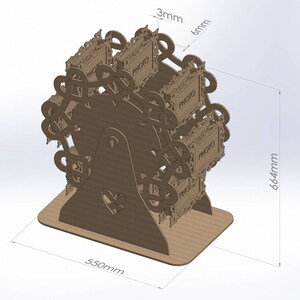 May include: A brown, laser-cut Ferris wheel photo display. The display is 664mm tall, 550mm wide, and 3mm and 6mm thick. Each photo frame has the word "PHOTO" printed on it. The design includes heart-shaped cutouts.