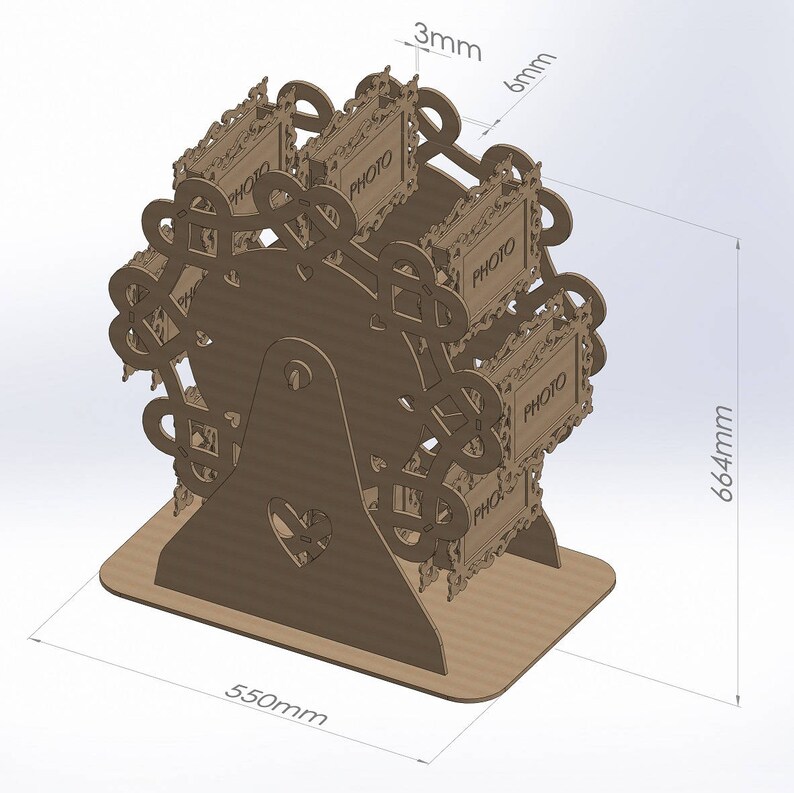 May include: A brown, laser-cut Ferris wheel photo display. The display is 664mm tall, 550mm wide, and 3mm and 6mm thick. Each photo frame has the word "PHOTO" printed on it. The design includes heart-shaped cutouts.