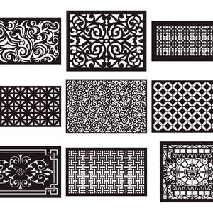 May include: A collection of nine black rectangular decorative panels with intricate cut-out designs. The patterns include swirling floral motifs, geometric shapes, and repeating patterns, suitable for various design applications.