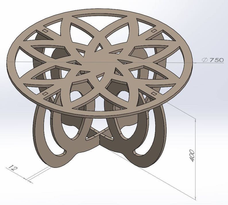 May include: A brown, laser-cut wooden table with an intricate floral design on the tabletop. The table is 29.5 inches in diameter and 15.7 inches tall. The table's base has a unique, curved design. The tabletop is 0.5 inches thick.