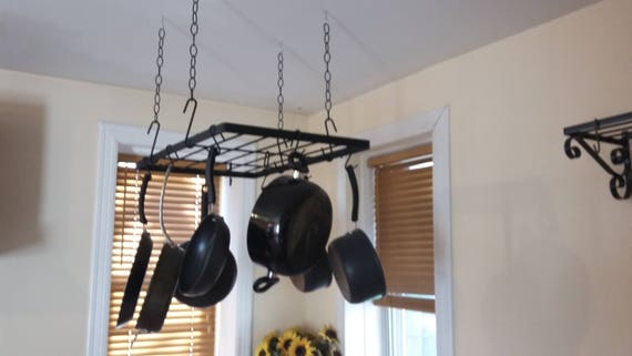 Handmade Rectangular Pot Rack Ceiling Mounted Hanging Pot Rack Gloss Black