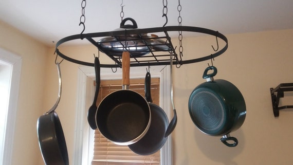 Handmade Gloss Black Oval Pot Rack Ceiling Mounted Pot And Pans Rack