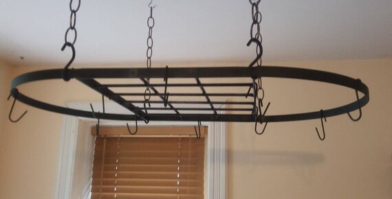 Handmade Flat Black Oval Pot Rack Ceiling Mounted Pot And Pans Rack