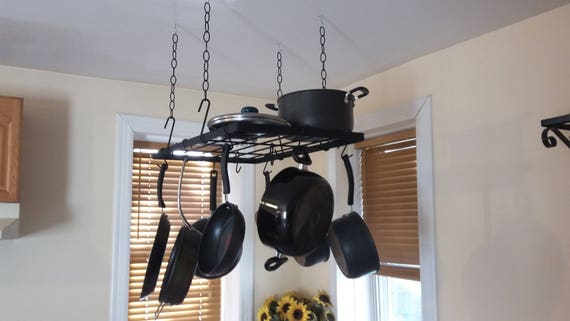 Handmade Rectangular Pot Rack Ceiling Mounted Hanging Pot Rack Flat Black