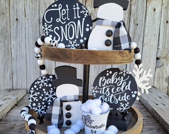 Winter Tiered Tray Decor: Snowman, Snowflake, and Beaded Garland