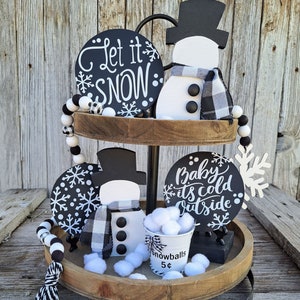 Snowman tiered tray set, Christmas tier tray bundle, let it snow, beaded garland, baby its cold outside, snowman, mini sign, winter decor