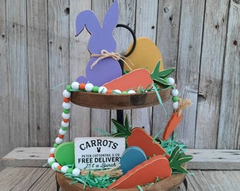 Easter tiered tray bundle, Peter cottontail tier tray set, Easter bunny tray decor, wood carrot, farmhouse mini sign, beaded garland, spring