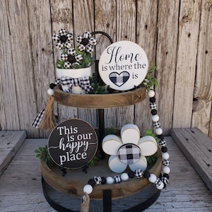 Home tiered tray decor bundle, Buffalo check year-round decor, black and white, Modern farmhouse decor, This is our happy place mini sign