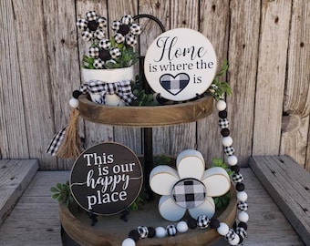 Home tiered tray decor bundle, Buffalo check year-round decor, black and white, Modern farmhouse decor, This is our happy place mini sign