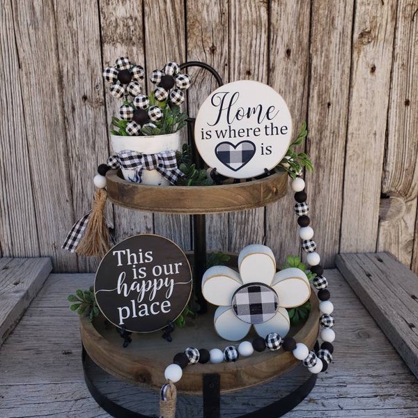 Home tiered tray decor bundle, Buffalo check year-round decor, black and white, Modern farmhouse decor, This is our happy place mini sign