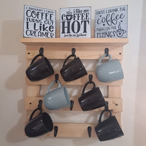 coffee mug rack with shelf, rustic modern wood wall mounted mug display, coffee bar shelf, cup holder, coffee mug organizer, wedding gift