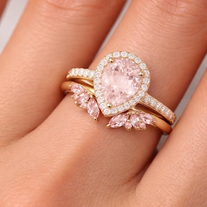 Nia Vintage Morganite Ring Set Sterling Silver 925 Diamond Art Deco Engagement 14K Rose Gold Anniversary Birthday Gift For Her Natural Wife