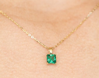 Mosa 14K SOLID GOLD Emerald Small Necklace 14K Solid Gold Emerald Pendant Real Gold Gift for Her Anniversary Wedding Minimalist Dainty Tiny