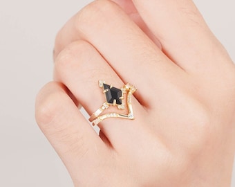 Salis Kite Black Diamond Ring Set For Women 14K Gold Filled Engagement Birthday Vintage Gift For Her Statement Minimalist Onyx Jewelry Wife