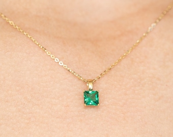 Mosa 14K SOLID GOLD Emerald Necklace Real Gold Gift for Her Anniversary Wedding Minimalist Dainty Tiny Small 14K Solid Gold Emerald Pendant
