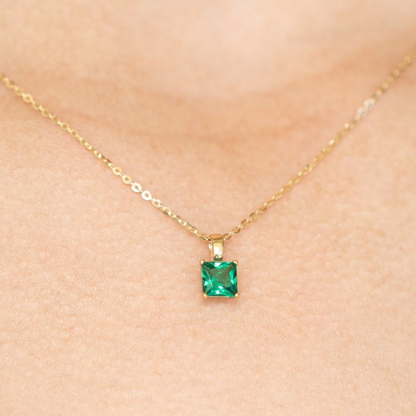 Mosa 14K SOLID GOLD Emerald Necklace Real Gold Gift for Her Anniversary Wedding Minimalist Dainty Tiny Small 14K Solid Gold Emerald Pendant