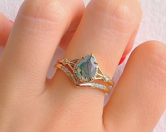 Emily Celtic Green Moss Agate Ring Set 14K Gold Filled Moissanite Bridal Engagement Birthday Handmade Statement Bridal Women Gift For Her