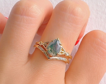 Emily Celtic Green Moss Agate Ring 14K Gold Vermeil Pear Cut Moissanite Bridal Engagement For Women Unique Promise Anniversary Gift For Her