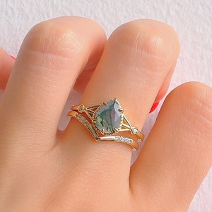 Emily Celtic Green Moss Agate Ring 14K Gold Vermeil Pear Cut Moissanite Bridal Engagement For Women Unique Promise Anniversary Gift For Her