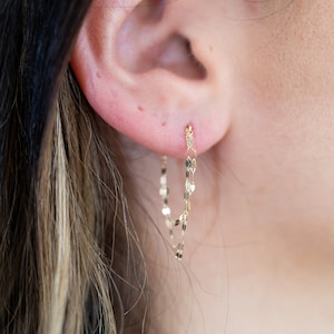 Rea 14K Solid Gold Small Hoop Earrings, Real Gold Dangle Earrings, Gold Chain Drop Earrings, Everyday Earrings, Valentines Day Gift For Her,