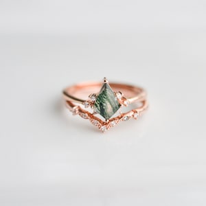Qai Vintage Green Moss Agate Ring Set Sterling Silver 925 Natural Agate Engagement Promise Statement Gemstone Anniversary Gift For Her Wife
