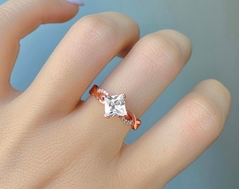 Yia Gemstone Engagement Ring 14K Rose Gold Filled Diamond Princess Cut Petite Twisted Vine Promise Dainty Elegant Vintage Art Deco Twisted