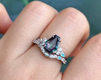Lucy Alexandrite and Moonstone Ring Set Rainbow Gemstone Engagement June Birthstone Promise Anniversary Gift For Her Coffin Sterling Silver