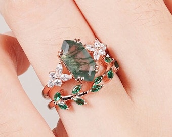 Evie Moss Agate Emerald Ring Set For Women Branch Leaf Anniversary Gift For Her Wedding Rose Gold Filled Natural Vintage Art Deco Diamond