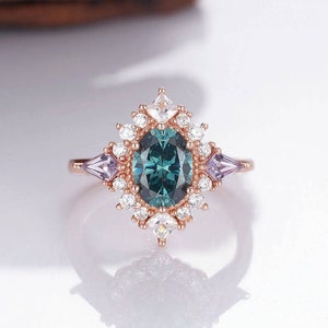 Moria Teal Sapphire Promise Ring Amethyst 14K Rose Gold Filled Peacock Engagement Art Deco Gemstone Statement Anniversary Gift For Her 925 image 3