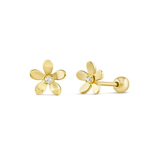 Pendientes de oro macizo de 14 quilates con forma de flor de Mya, pequeños pendientes minimalistas de cristal de circonita cúbica, cierre de rosca de oro de 14 quilates, regalo para el día de la madre, diamantes de Navidad