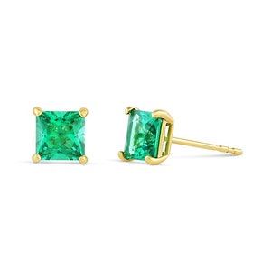 Tea 14K SOLID GOLD Emerald Earrings Square Studs 1 Pair of Solid Gold Emerald Small Gemstone Real Gold Stud Earrings Crystals Gift for Her